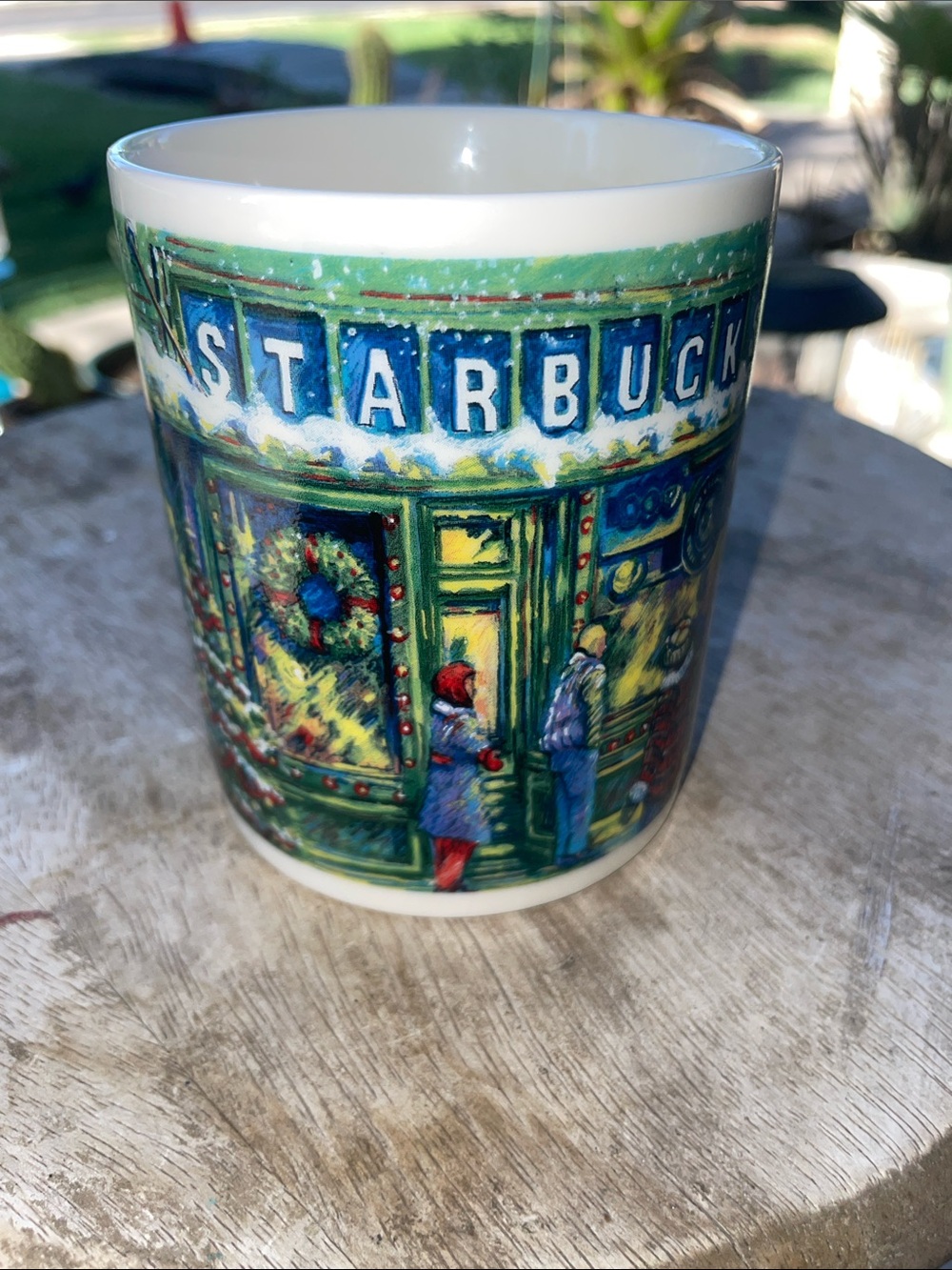 Starbucks vintage Christmas Green and Blue Holiday Scene Ceramic Mug